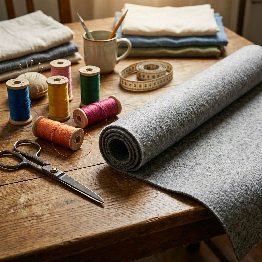 Grey felt fabric partially unrolled beside colorful thread spools and scissors on a craft table, lit with soft ambient light from above, complementary warm and cool tones, photographed with a 35mm lens for a cozy, inviting composition.