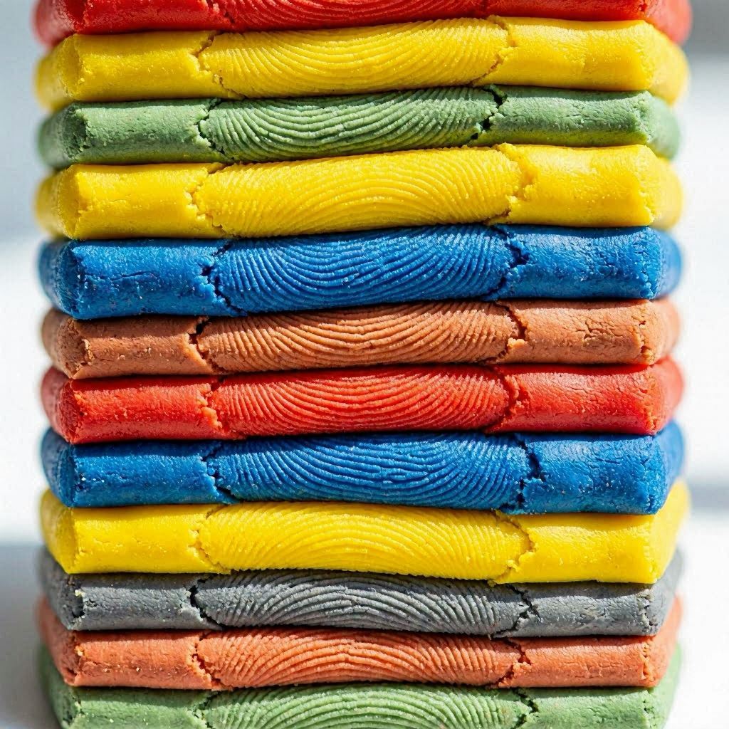 An extreme close-up of plasticine surfaces showing fine fingerprints and sculpting marks, arranged in alternating bright and muted colors, lit with side-mounted LED panels for high-contrast texture definition, captured with a 100mm macro lens at f/2.8.