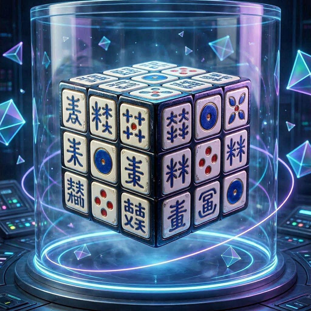 A rotating Mahjong Dimensions cube with intricate tile symbols suspended in a holographic chamber, surrounded by shimmering polygons and light trails, bathed in soft blue and purple ambient glow, cinematic lighting, captured in Unreal Engine 5 with ray-traced reflections.