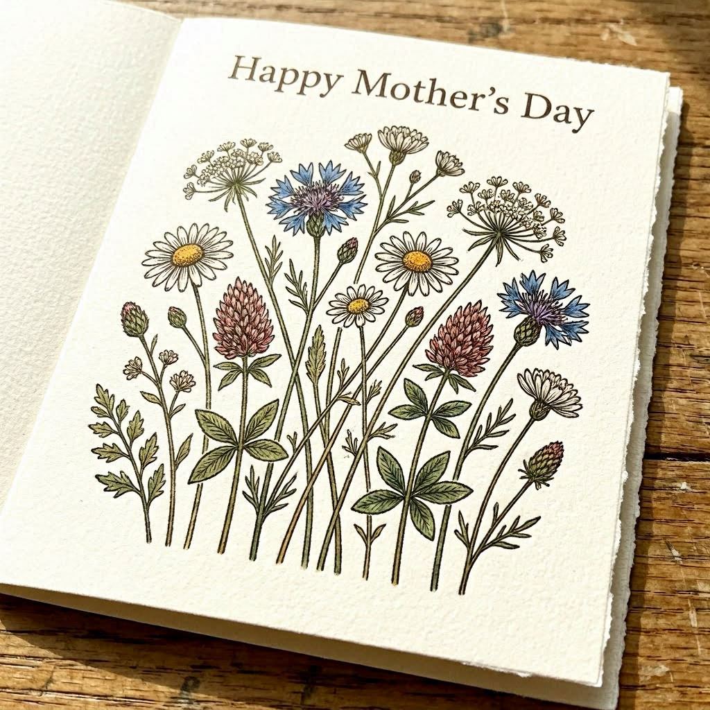A Mother's Day card adorned with detailed botanical ink illustrations of wildflowers, cream textured paper, natural daylight streaming from the side, muted earth tones, captured in close-up with a 90mm macro lens to highlight fine linework.